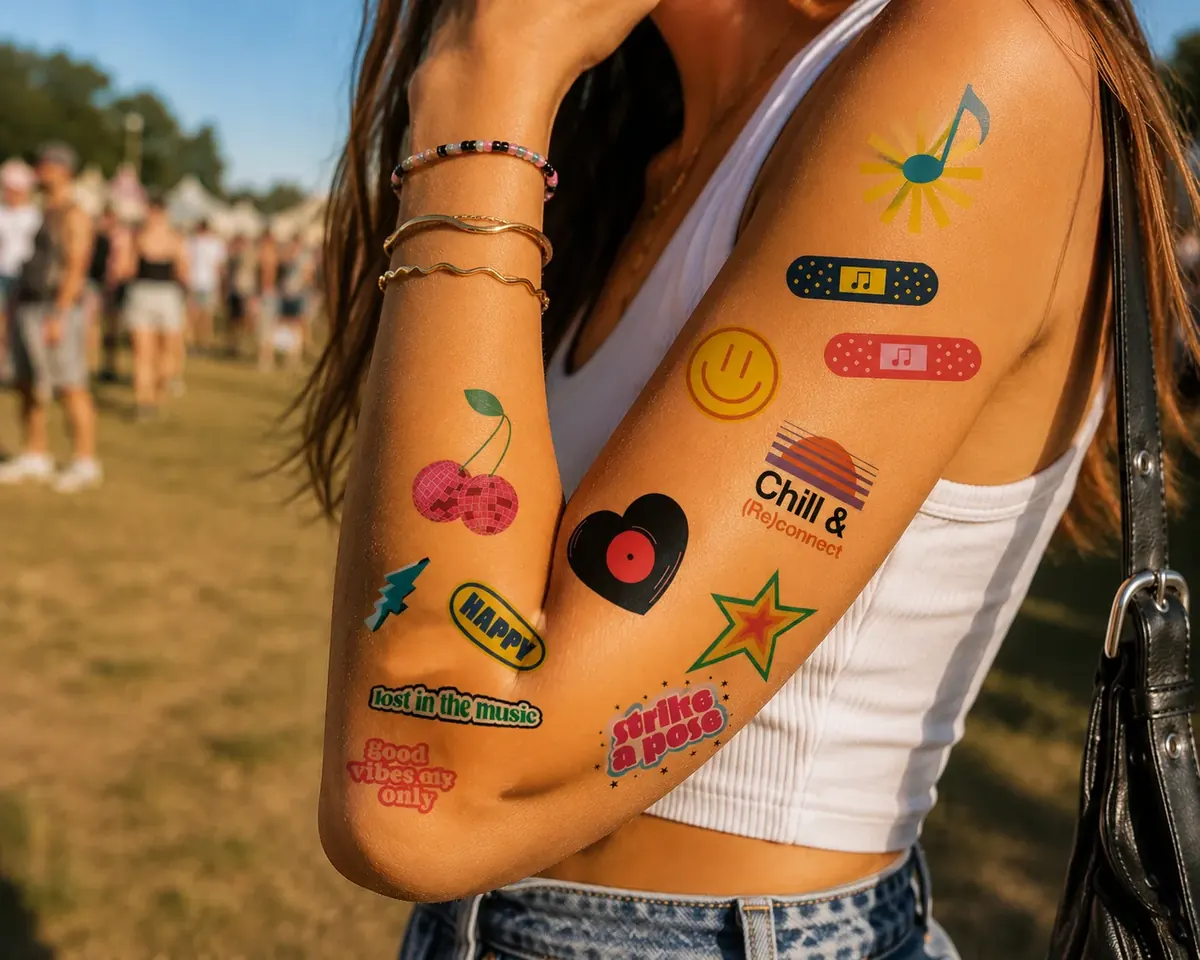 Festival-goer with colorful music-themed temporary tattoos on her arm at an outdoor festival