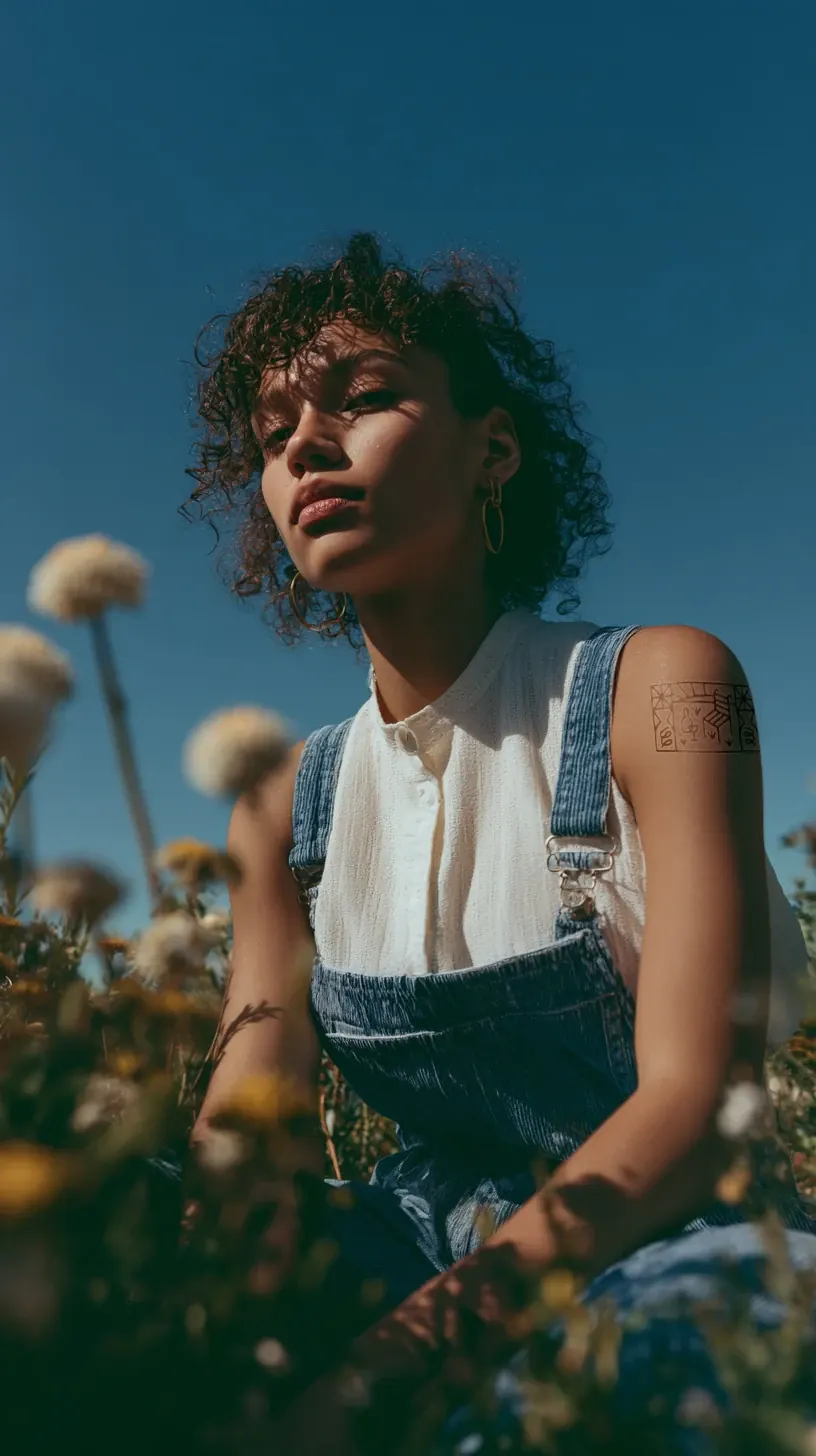 Model wearing an illustrated temporary tattoo outdoors among flowers