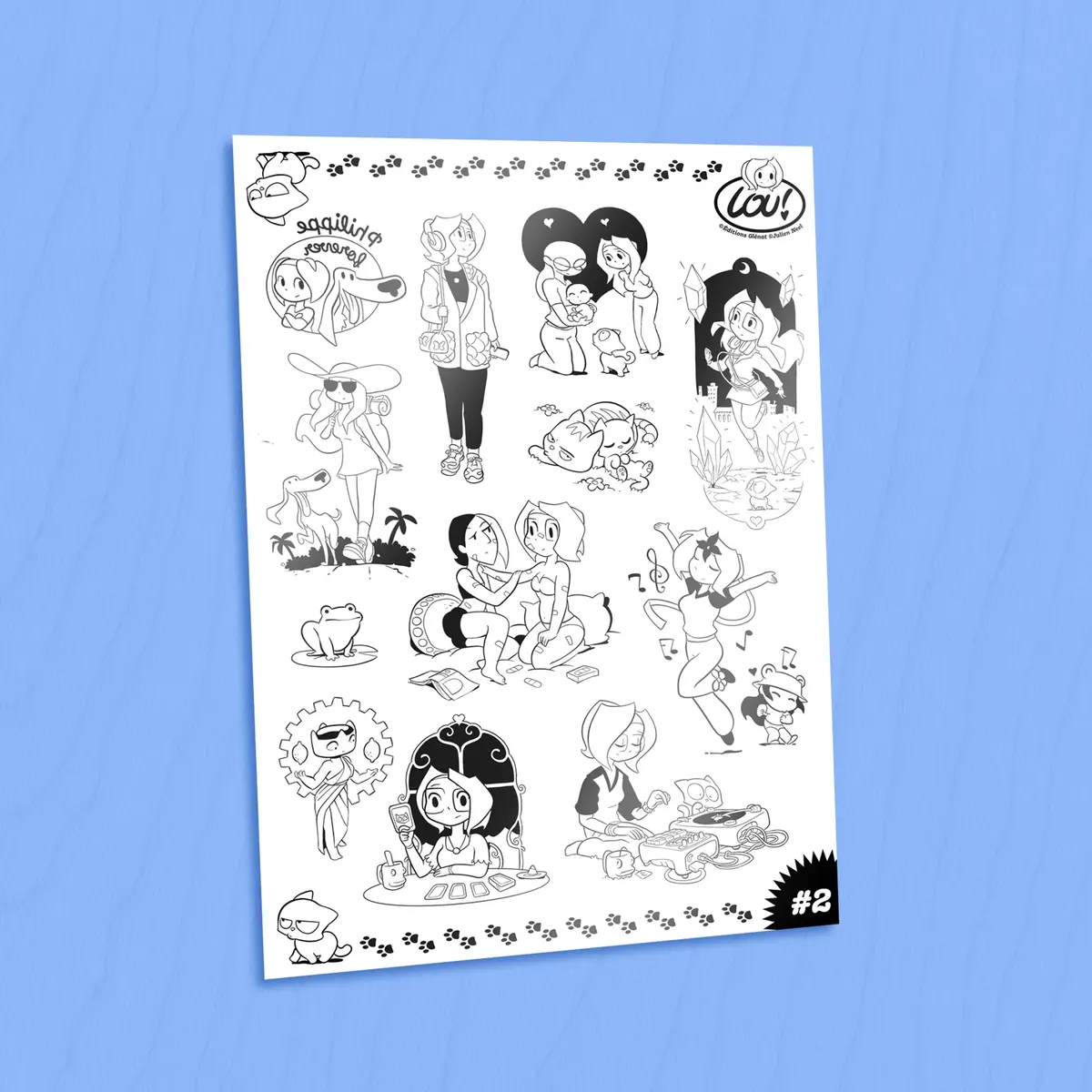Lou le Shop illustrated temporary tattoo sheet on a blue background